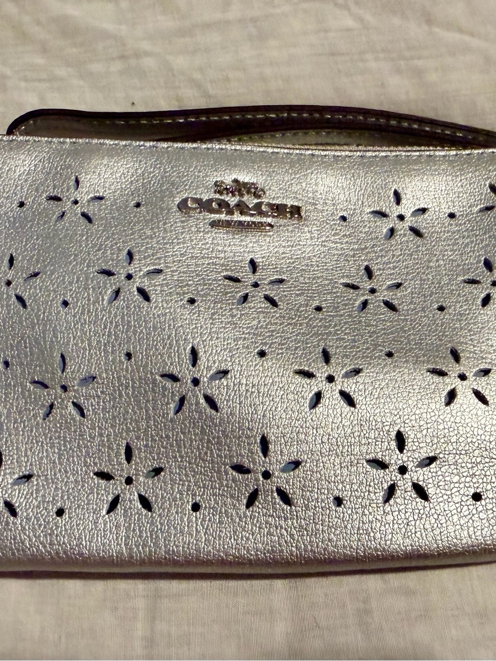 #Retro Y2K COACH Corner Zip Leather Wristlet Perforated Flower In Metallic Silve